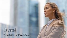  Presentation with business woman standing on maze - PPT theme enhanced with portrait-of-a-blonde-smiling background and a light blue colored foreground