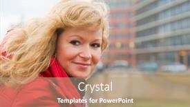  Presentation with railing - Amazing PPT theme having portrait-of-a-blonde-woman backdrop and a coral colored foreground