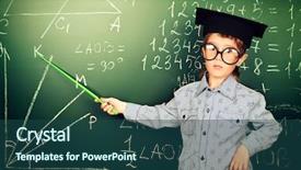  Presentation with academic - Beautiful PPT theme featuring portrait of a boy in round glasses and academic hat standing near the blackboard in a classroom backdrop and a ocean colored foreground
