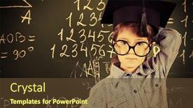  Presentation with academic - PPT theme having portrait of a boy in round glasses and academic hat standing near the blackboard in a classroom background and a tawny brown colored foreground