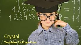  Presentation with academic - Beautiful PPT layouts featuring portrait of a boy in round glasses and academic hat standing near the blackboard in a classroom backdrop and a tawny brown colored foreground