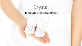  Presentation with baby shoes - Presentation with portrait of a bride holding baby shoes over white background background and a white colored foreground