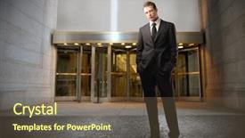  Presentation with man door - Colorful PPT theme enhanced with portrait of a businessman standing backdrop and a tawny brown colored foreground