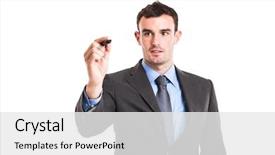  Presentation with writing pen - Audience pleasing PPT layouts consisting of portrait of a businessman writing on the screen using a pen isolated on white backdrop and a white colored foreground