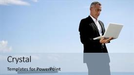  Presentation with cyber stalking computer laptop suffering - Slides featuring portrait of a businessman with a laptop computer background and a light blue colored foreground