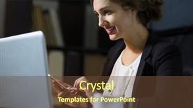  Presentation with talk - Slides with portrait of a businesswoman sitting at her workplace in office and talk to phone background and a tawny brown colored foreground