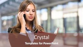  Presentation with busy work - Slide set consisting of portrait of a busy businesswoman at work background and a tawny brown colored foreground