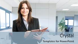  Presentation with busy work - PPT theme enhanced with portrait of a busy businesswoman at work background and a light blue colored foreground