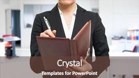  Presentation with busy work - Colorful presentation theme enhanced with portrait of a busy businesswoman at work backdrop and a tawny brown colored foreground