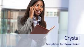  Presentation with busy work - Colorful presentation theme enhanced with portrait of a busy businesswoman at work backdrop and a sky blue colored foreground