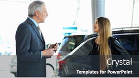  Presentation with dealership - Colorful PPT theme enhanced with portrait-of-a-car-salesman backdrop and a tawny brown colored foreground