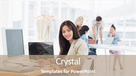  Presentation with woman office desk - Cool new theme with portrait of a casual woman sitting at desk with group of colleagues behind in a bright office backdrop and a coral colored foreground