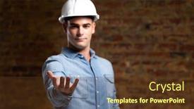  Presentation with virtual hand - Presentation theme consisting of portrait-of-a-caucasian-male background and a tawny brown colored foreground