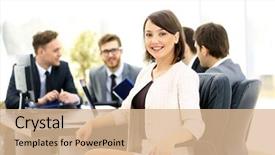  Presentation with team meeting - Slides with portrait of a charismatic woman background and a lemonade colored foreground