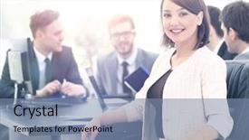  Presentation with virtual team meeting - PPT layouts enhanced with portrait of a charismatic woman background and a seafoam green colored foreground