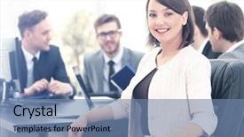  Presentation with team meeting - Slide deck featuring portrait of a charismatic woman background and a seafoam green colored foreground