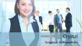  Presentation with virtual team meeting - Presentation enhanced with portrait of a charismatic woman background and a light blue colored foreground