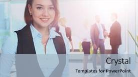  Presentation with team meeting - PPT layouts having portrait of a charismatic woman background and a  colored foreground