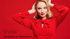  Presentation with beauty cosmetics - Cool new PPT theme with portrait-of-a-charming-blonde backdrop and a crimson colored foreground