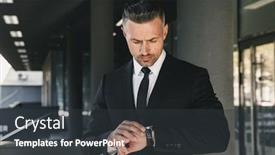  Presentation with looking glass - Beautiful slide deck featuring portrait of a charming young businessman dressed in suit standing outside a glass building and looking at his wrist watch backdrop and a dark gray colored foreground