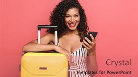  Presentation with cheerful - Colorful PPT layouts enhanced with portrait-of-a-cheerful-beautiful backdrop and a coral colored foreground