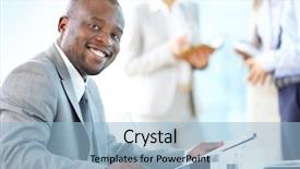  Presentation with worker - Colorful slide set enhanced with portrait of a cheerful business backdrop and a light blue colored foreground