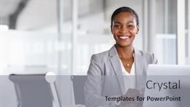  Presentation with desk - Slide deck featuring portrait-of-a-cheerful-businesswoman background and a light gray colored foreground