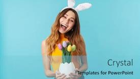  Presentation with pretty girl - PPT theme enhanced with portrait-of-a-cheerful-excited background and a light blue colored foreground