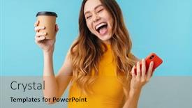  Presentation with takeaway coffee - Slide set with portrait-of-a-cheerful-excited background and a gold colored foreground