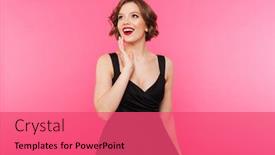  Presentation with pink black - Slide deck consisting of portrait of a cheerful girl dressed in black dress posing while standing and looking away isolated over pink background background and a coral colored foreground