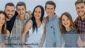  Presentation with cheerful - Theme having portrait-of-a-cheerful-group background and a light blue colored foreground