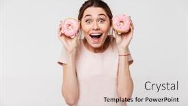  Presentation with donuts - Slide deck featuring portrait of a cheerful pretty girl holding donuts at her face isolated over white background background and a lemonade colored foreground