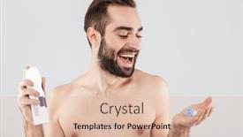  Presentation with shave - Slide set having portrait of a cheerful shirtless bearded man standing isolated over white background ready to shave background and a lemonade colored foreground