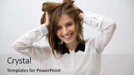  Presentation with head - Amazing PPT layouts having portrait-of-a-cheerful-woman backdrop and a  colored foreground
