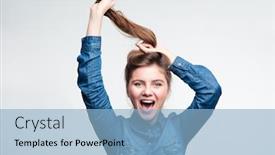  Presentation with real woman hair texture human - Colorful slide set enhanced with portrait of a cheerful woman holding her hair isolated on a white background backdrop and a light blue colored foreground