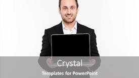  Presentation with laptop blank screen - Presentation theme having portrait of a cheerful young businessman dressed in suit showing blank screen laptop computer while standing isolated over white background background and a gray colored foreground