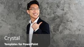  Presentation with space suit - Beautiful PPT theme featuring portrait of a cheerful young asian man dressed in suit pointing finger away at copy space over gray background backdrop and a gray colored foreground