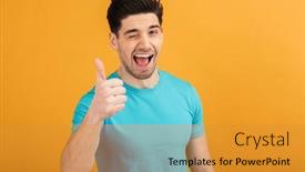  Presentation with cheerful - Cool new PPT layouts with portrait of a cheerful young man in t-shirt showing thumbs up gesture isolated over yellow background backdrop and a gold colored foreground