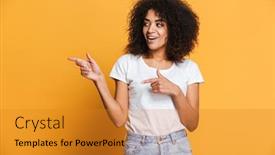  Presentation with cheerful - Amazing slide set having portrait of a cheerful young african woman pointing fingers away at copy space isolated over yellow background backdrop and a gold colored foreground
