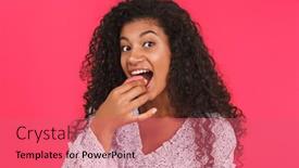  Presentation with cookie - Theme featuring portrait of a cheerful young african woman in summer dress standing isolated over pink background eating pastry cookie background and a coral colored foreground