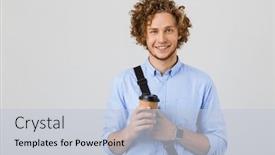  Presentation with takeaway coffee - Amazing presentation theme having portrait of a cheerful young man wearing shirt standing isolated over gray background holding takeaway coffee carrying bag backdrop and a lemonade colored foreground