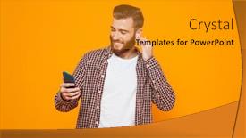  Presentation with yellow music - Colorful PPT layouts enhanced with portrait of a cheerful young man wearing casual clothes standing isolated over yellow background listening to music with earphones and mobile phone backdrop and a gold colored foreground