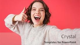  Presentation with cheerful - PPT theme with portrait of a cheerful young woman standing isolated over pink background taking a selfie background and a lemonade colored foreground