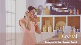  Presentation with computer music - Audience pleasing slide deck consisting of portrait of a cheerful young woman listening to music with headphones and using laptop computer while standing at the kitchen backdrop and a coral colored foreground