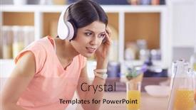  Presentation with computer music - Colorful slide set enhanced with portrait of a cheerful young woman listening to music with headphones and using laptop computer while standing at the kitchen backdrop and a coral colored foreground