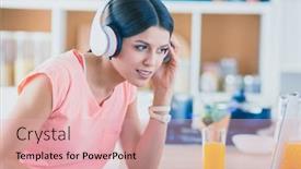  Presentation with computer music - Amazing presentation design having portrait of a cheerful young woman listening to music with headphones and using laptop computer while standing at the kitchen backdrop and a lemonade colored foreground