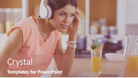  Presentation with computer music - PPT theme with portrait of a cheerful young woman listening to music with headphones and using laptop computer while standing at the kitchen background and a coral colored foreground