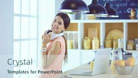 Presentation with computer music - PPT theme featuring portrait of a cheerful young woman listening to music with headphones and using laptop computer while standing at the kitchen background and a cool aqua colored foreground