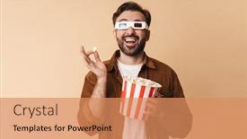  Presentation with popcorn movie - Cool new slide deck with portrait-of-a-cheerful-young backdrop and a coral colored foreground