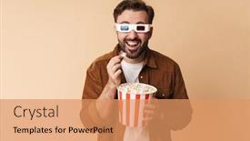  Presentation with popcorn movie - Cool new slide deck with portrait-of-a-cheerful-young backdrop and a coral colored foreground